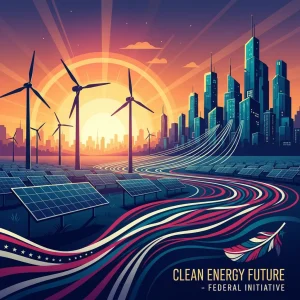 Solar panels and wind turbines symbolizing renewable energy development and federal policy initiatives.