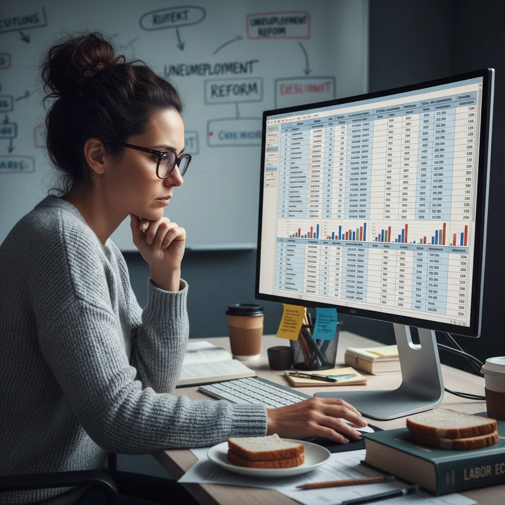 Individual researching state unemployment benefit data on a computer screen.
