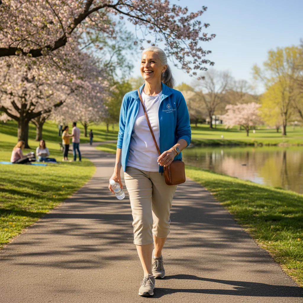 Retired woman enjoying a peaceful walk in a park.