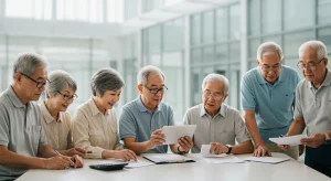 Retirees discussing pension plan adjustments, reviewing financial documents