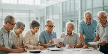 Retirees discussing pension plan adjustments, reviewing financial documents