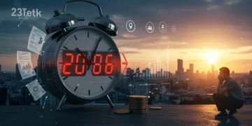 Digital clock countdown over financial charts and retirement symbols, representing urgent retirement planning for 2026.