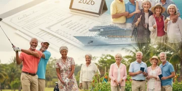 Seniors enjoying retirement with financial planning documents and a calculator in the background, symbolizing secure income.