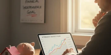 Person planning retirement finances for 2026 with tablet and savings symbols