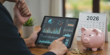 Thoughtful person planning retirement savings for 2026 with financial charts.