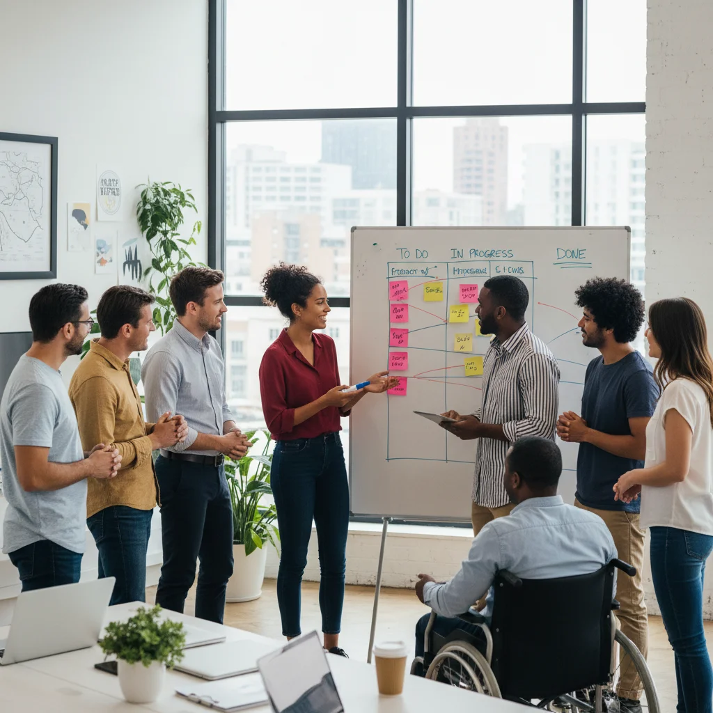 Empleados en una reunión diaria de stand-up, colaborando y comunicándose de forma efectiva, reflejando la cultura ágil.