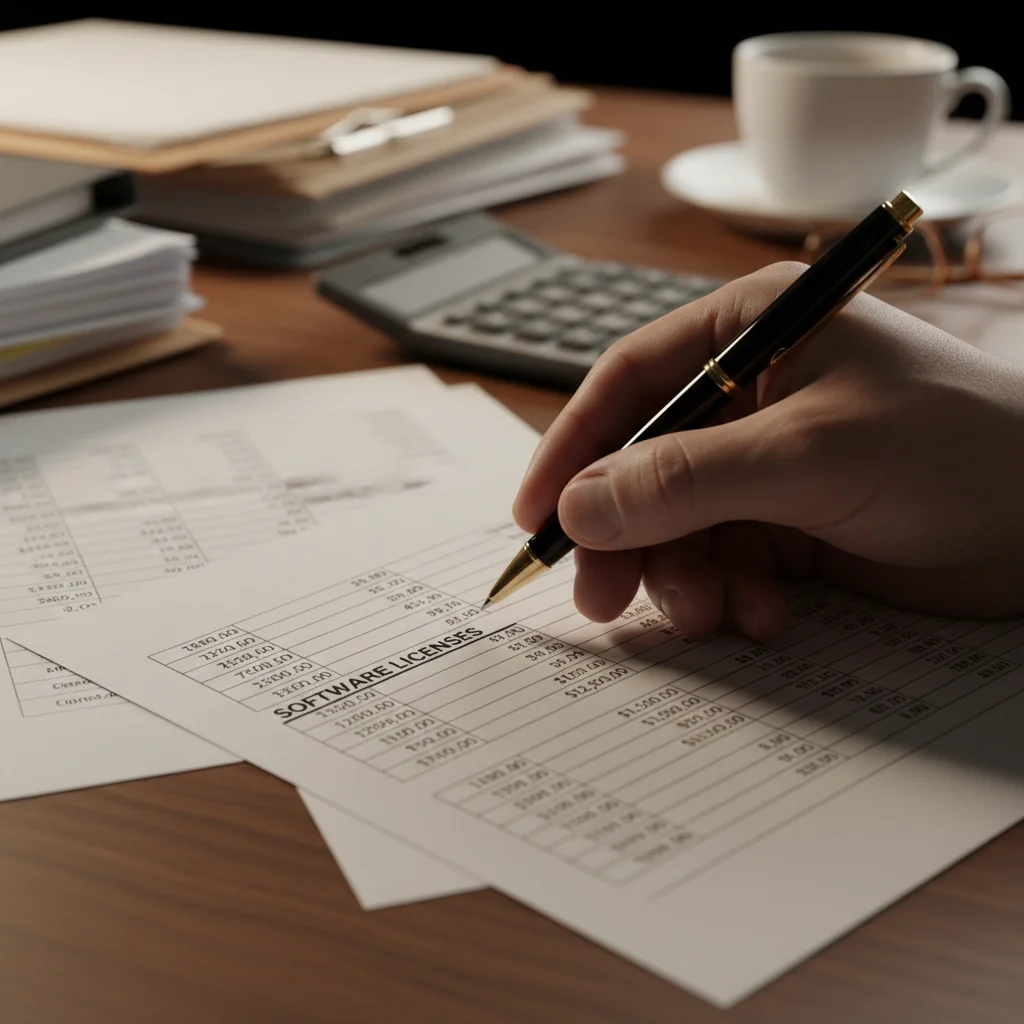 Hand reviewing and adjusting a detailed budget spreadsheet