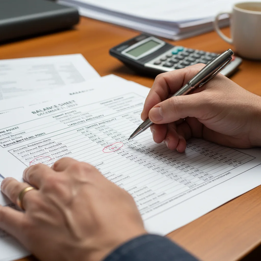 Manos revisando un balance financiero detallado, con un bolígrafo señalando cifras clave, enfocado en la revisión contable.