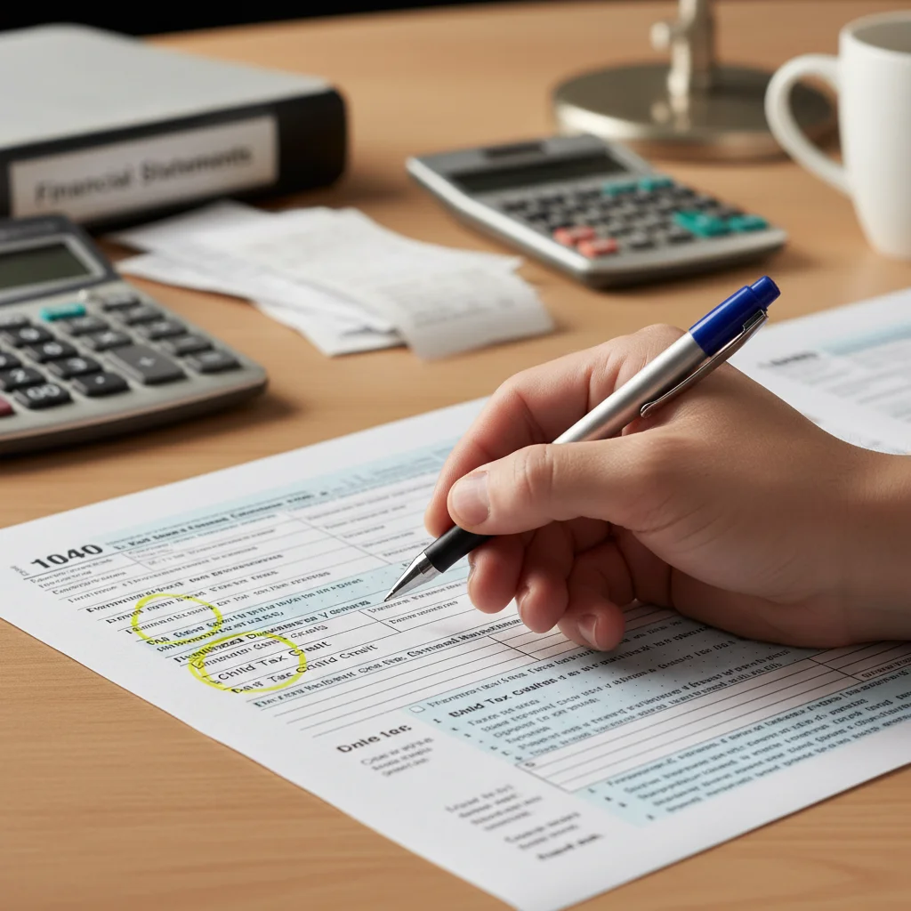 Mano con bolígrafo revisando un formulario de declaración de impuestos, buscando deducciones.