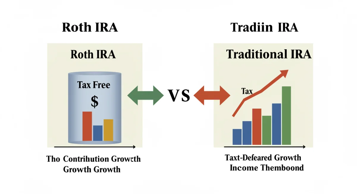 Comparison chart of Roth IRA and Traditional IRA benefits and contribution rules.