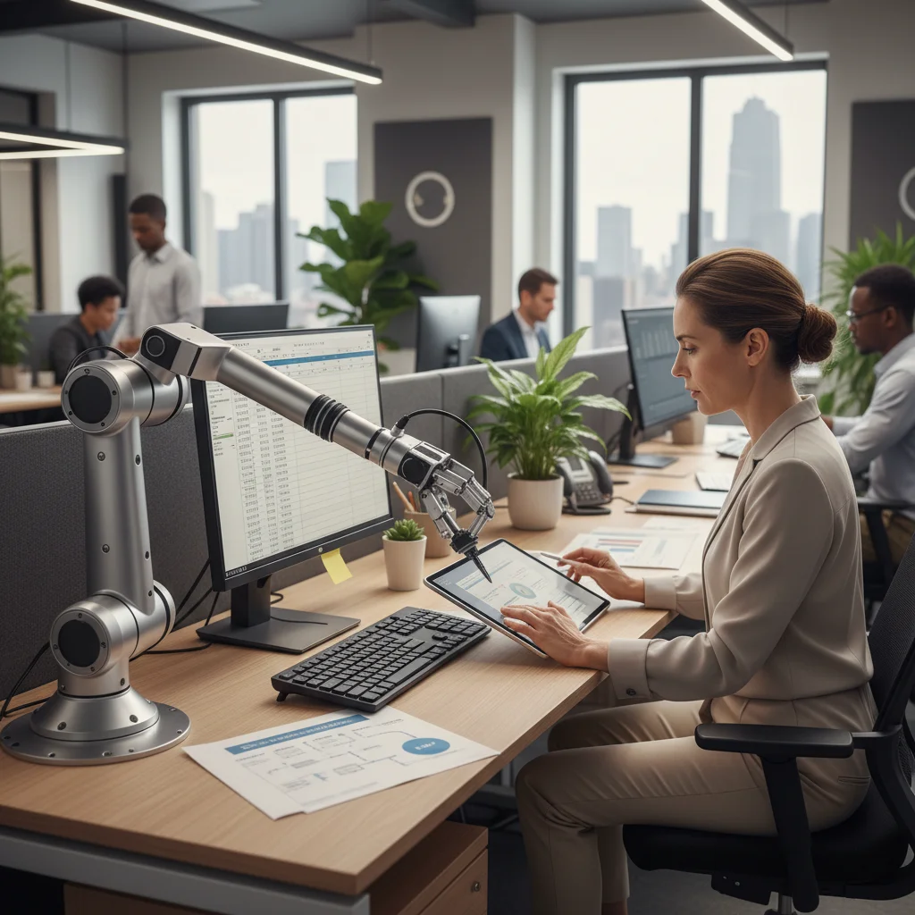 Robotic Process Automation (RPA) bot assisting with office tasks, improving productivity.