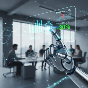RPA para Reducir Costos Operativos: Guía Completa de Implementación Mano robótica interactuando con una interfaz virtual mostrando gráficos de reducción de costos operativos mediante RPA.