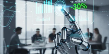 Mano robótica interactuando con una interfaz virtual mostrando gráficos de reducción de costos operativos mediante RPA.