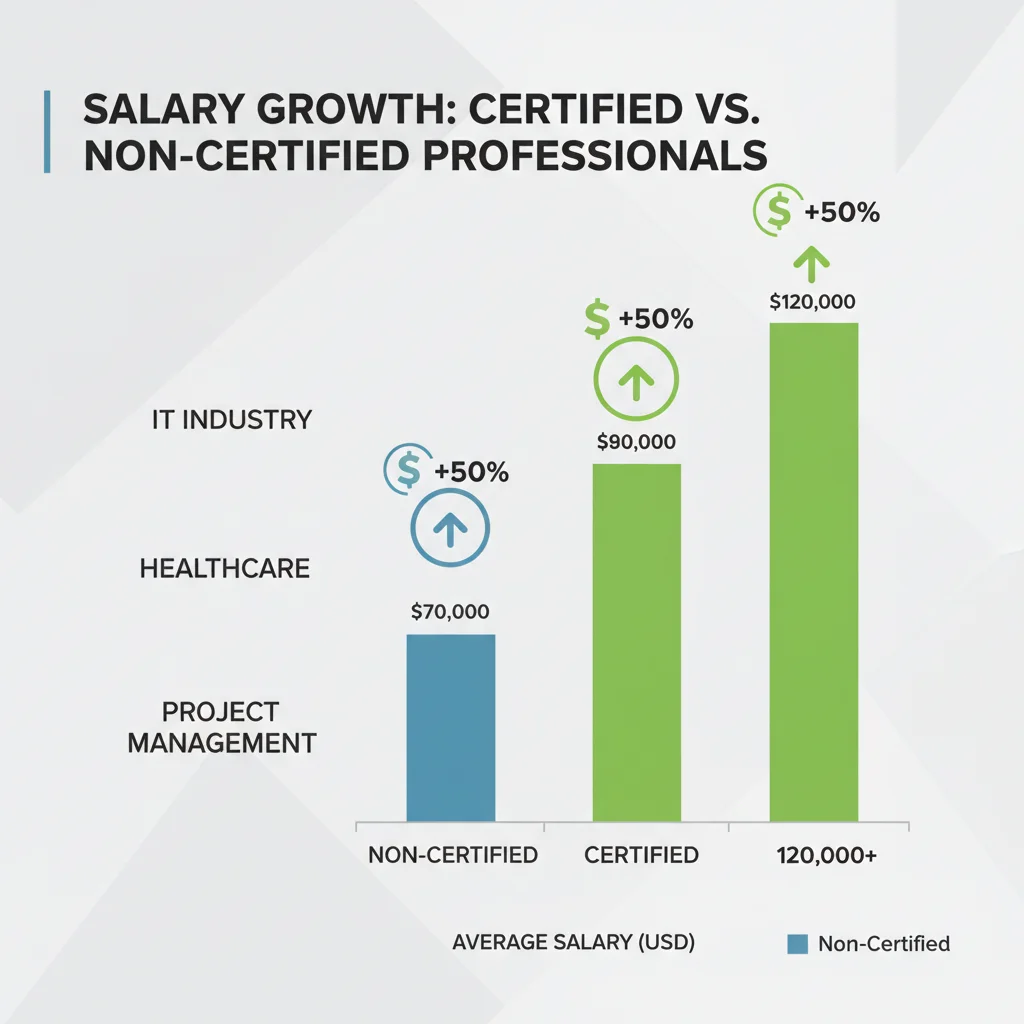 Infographic illustrating the salary difference between certified and non-certified professionals across key industries.