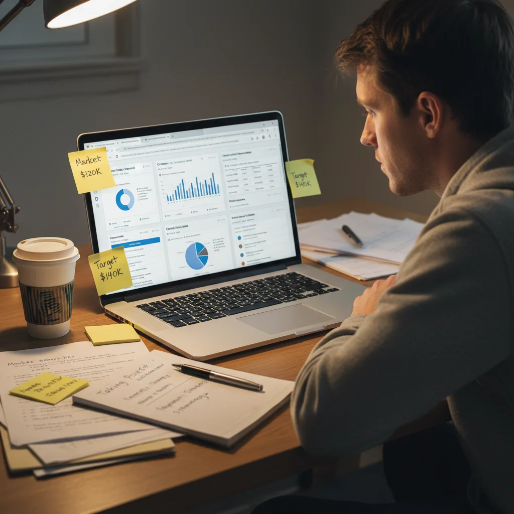 Person researching salary data and market trends on a laptop for negotiation preparation.