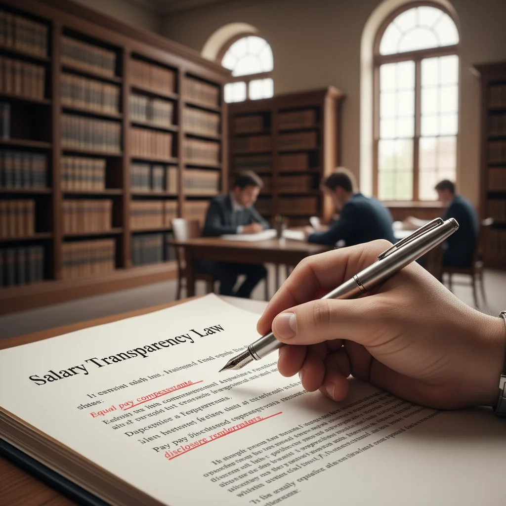 Hand highlighting key points in a salary transparency legal document.