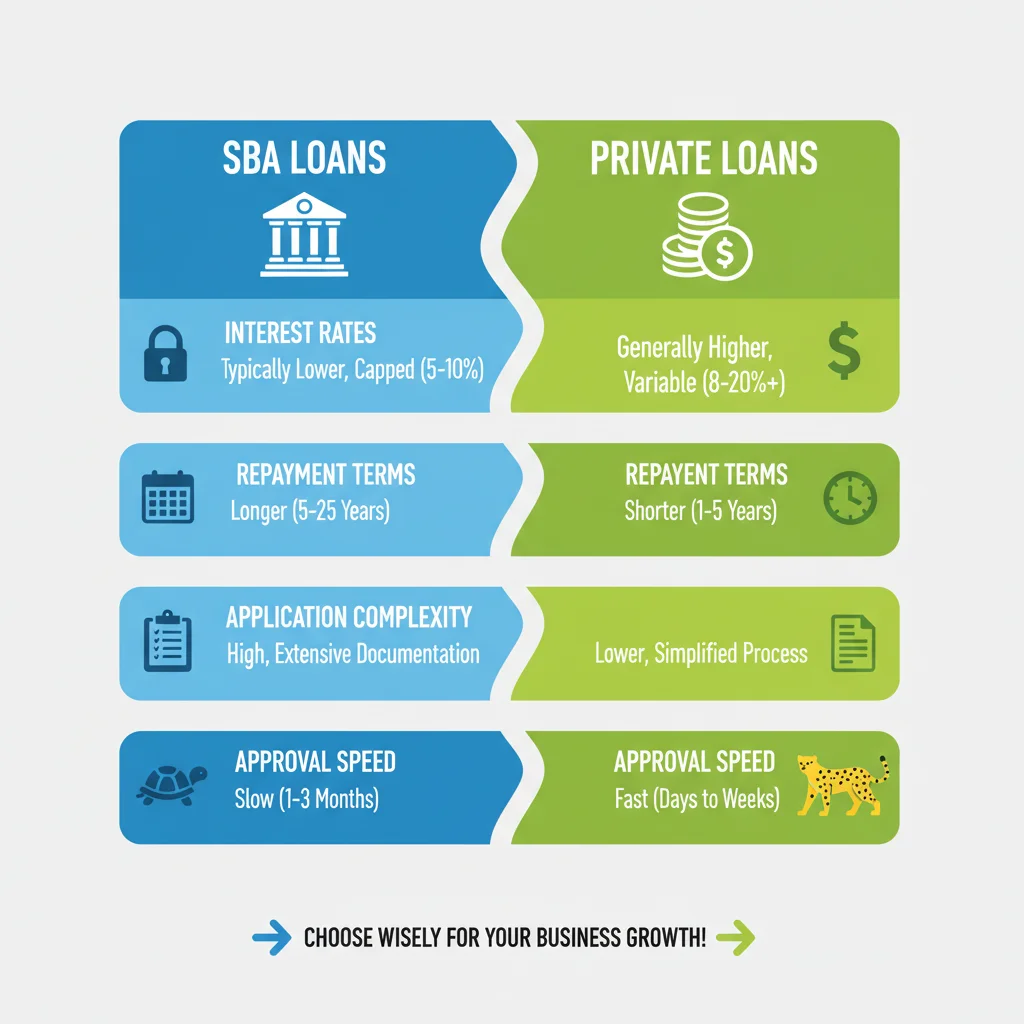 Infographic comparing key features of SBA loans and private lending in 2026