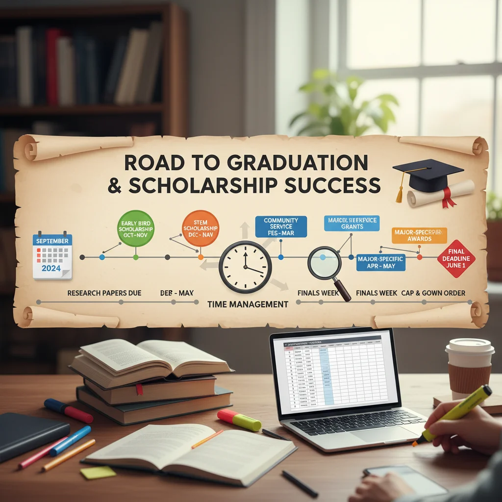 Scholarship application timeline with marked deadlines and a graduation cap.