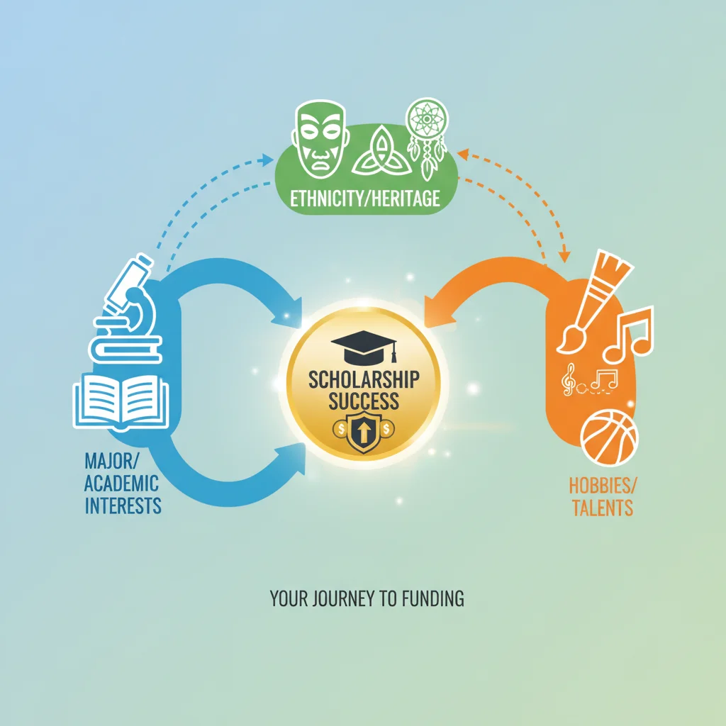 Infographic showing scholarship pathways through major, ethnicity, and hobbies