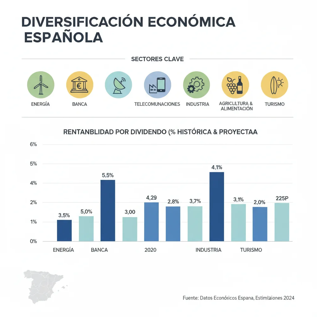 Infografía de sectores económicos españoles y sus rendimientos de dividendos, destacando la diversificación.