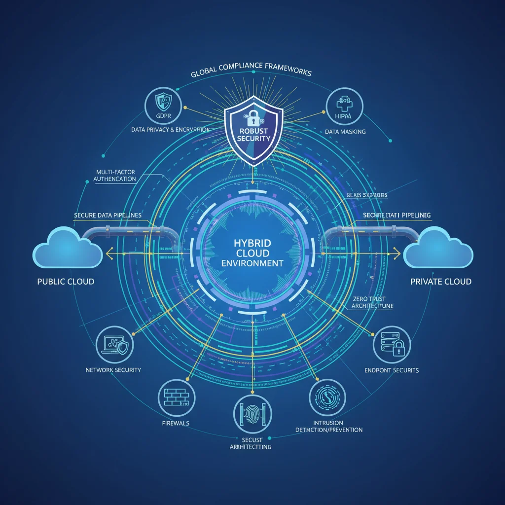 Diagrama de seguridad y cumplimiento normativo en una infraestructura de nube híbrida, con iconos de protección de datos.