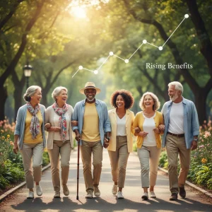 Seniors enjoying retirement with rising Social Security benefits