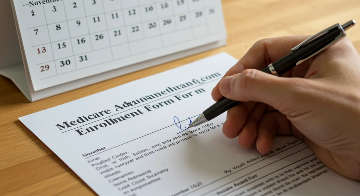 Hand signing a Medicare Advantage enrollment form, symbolizing the decision-making process.