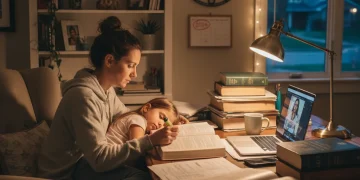 Single mother studying with child, symbolizing educational grants