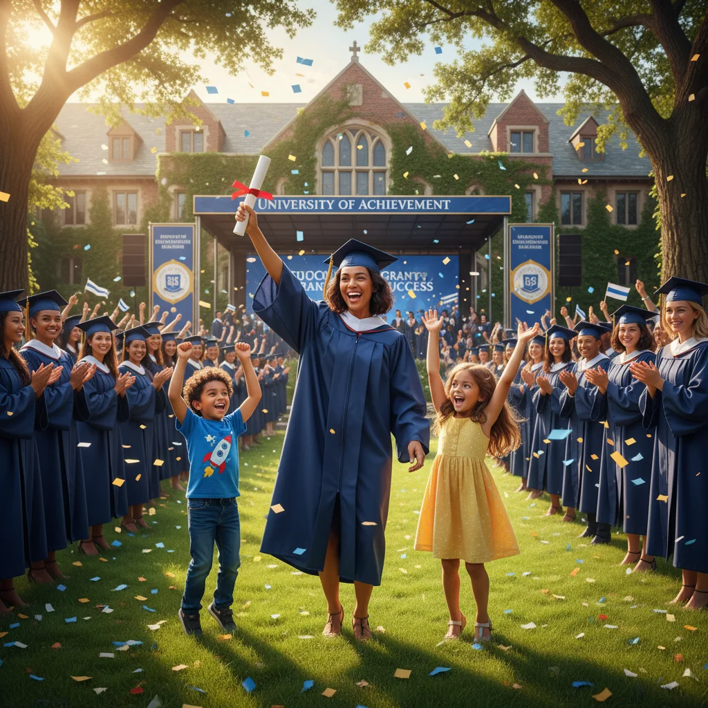 Single mother graduating with her children cheering