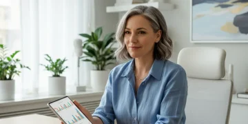 Confident single woman planning her retirement finances on a tablet.