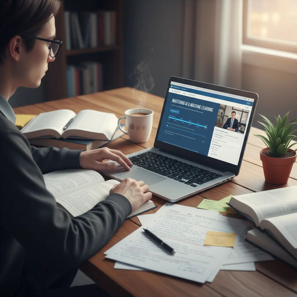 Individual engaged in online learning and skill development at a desk.