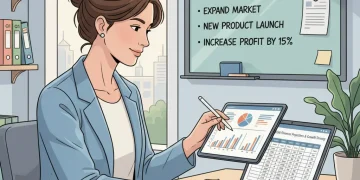 Small business owner planning 2026 budget with financial graphs