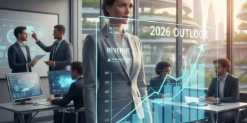 Small business owner reviewing a growth chart, symbolizing strategic scaling and future success in 2026.