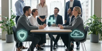 Diverse small business employees smiling, discussing health insurance options