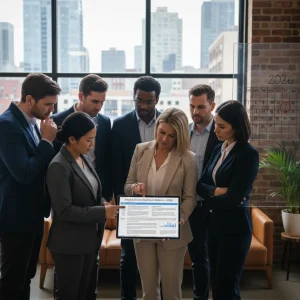 Small business owners reviewing 2026 healthcare policy documents on a tablet.