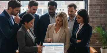 Small business owners reviewing 2026 healthcare policy documents on a tablet.