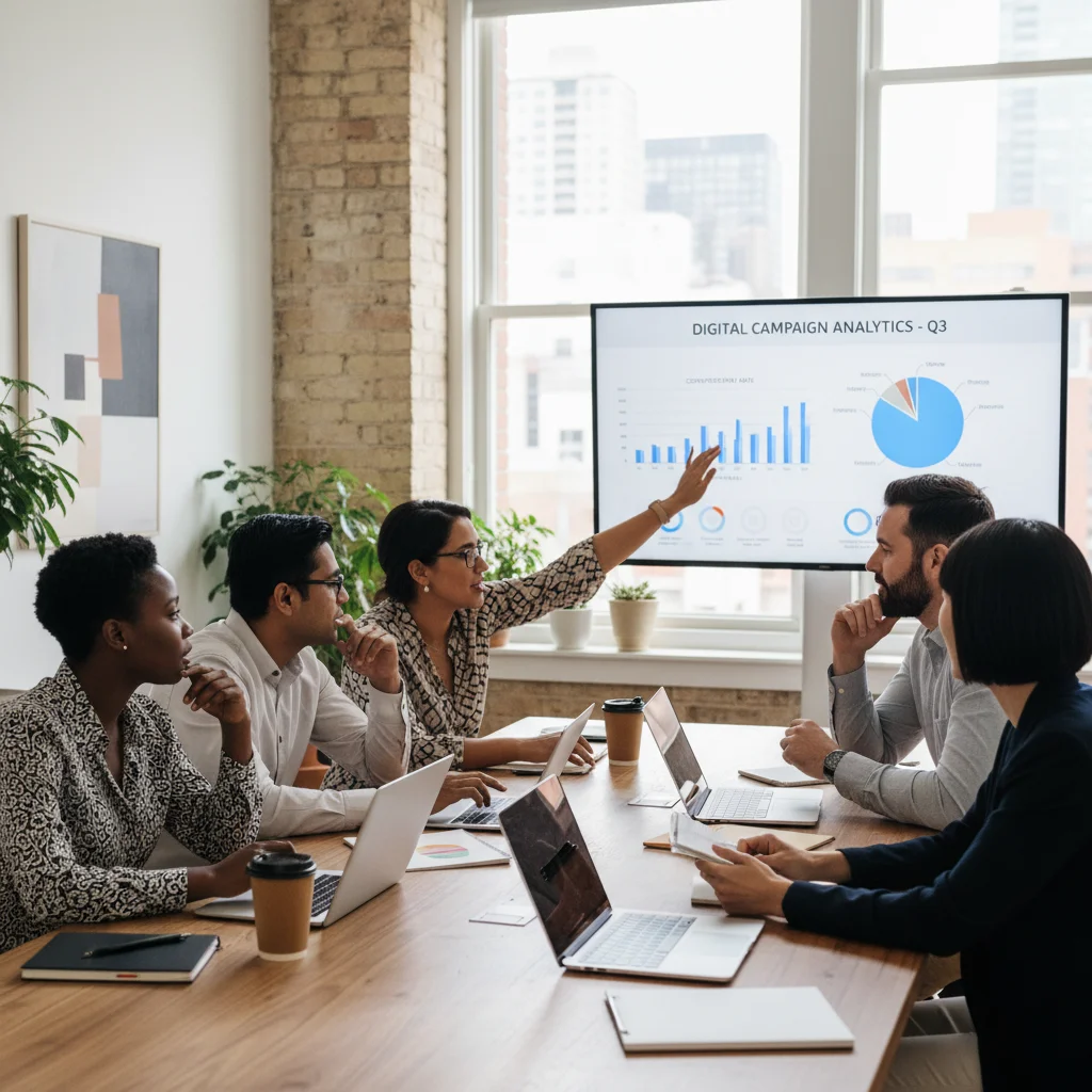 Small business owners collaborating on digital marketing strategy