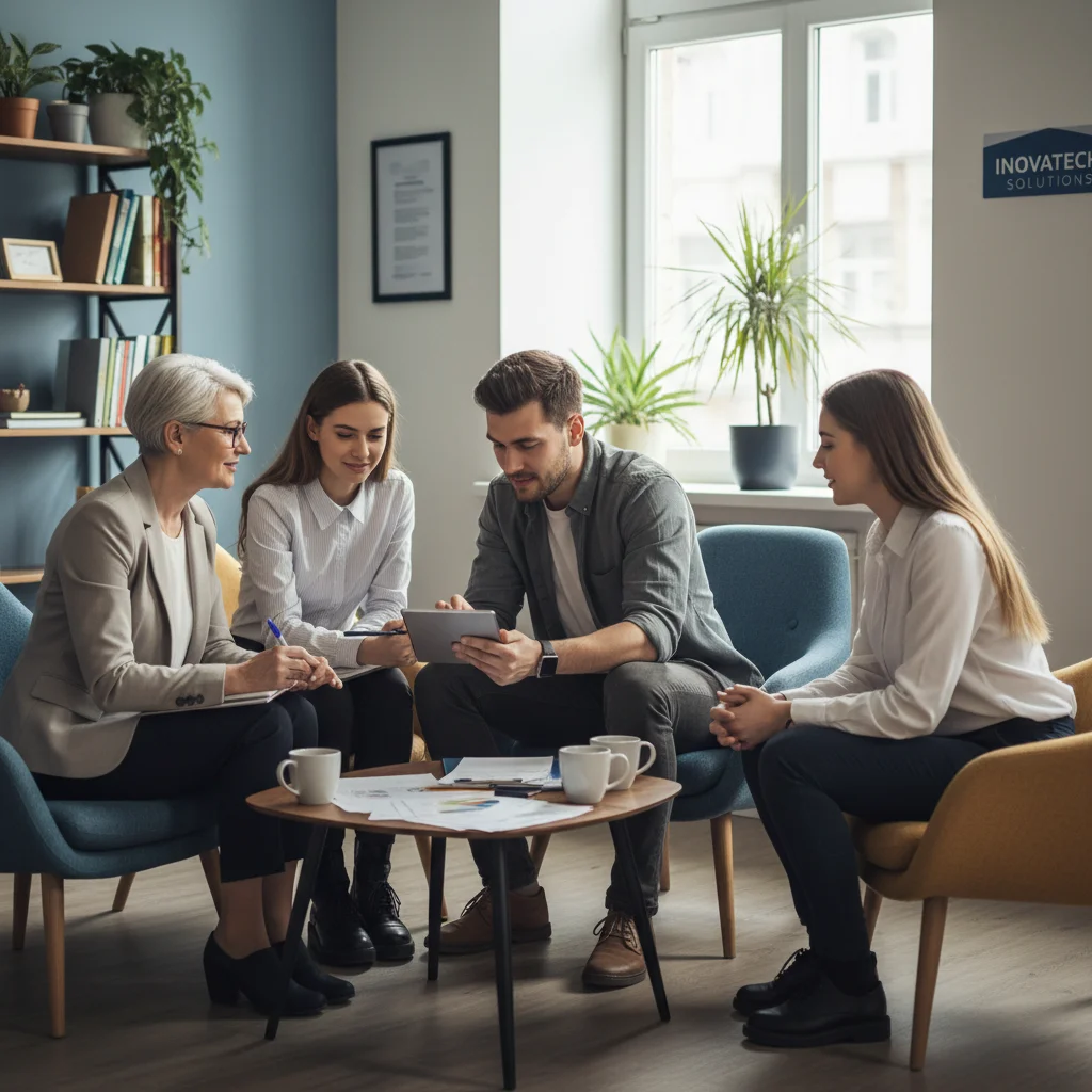 Mentorship session in a small business, showing experienced and junior employees collaborating.