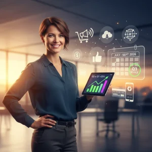 Small business owner reviewing Q3 2026 sales growth strategy on a tablet