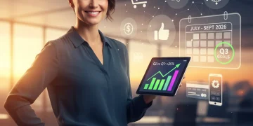 Small business owner reviewing Q3 2026 sales growth strategy on a tablet