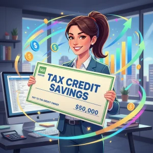 Small business owner happily reviewing tax credit savings documents on a laptop.