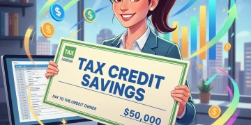 Small business owner happily reviewing tax credit savings documents on a laptop.
