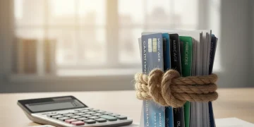 Credit cards and loan documents bundled with a rope, symbolizing smart debt consolidation and financial control.