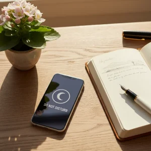Smartphone con símbolo de no molestar, junto a un diario y planta, representando la desconexión consciente.