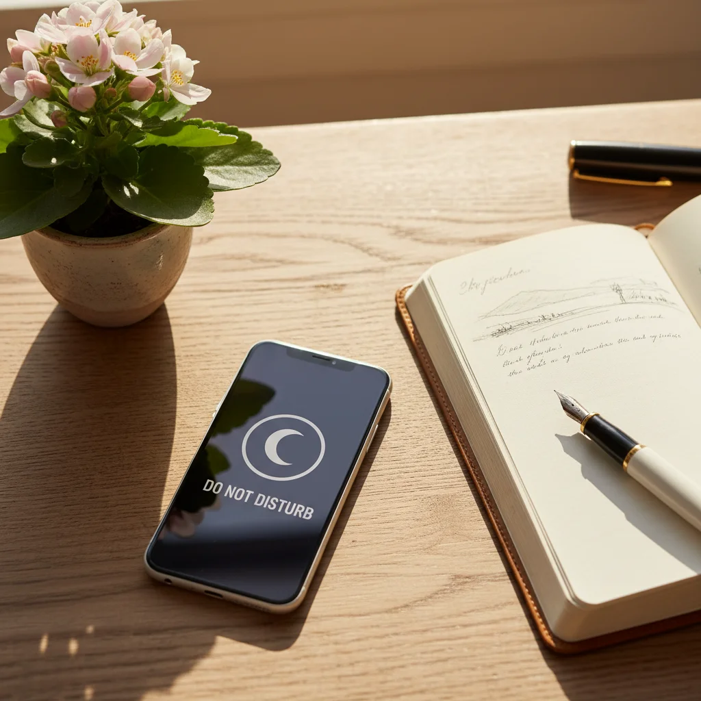 Smartphone con símbolo de no molestar, junto a un diario y planta, representando la desconexión consciente.