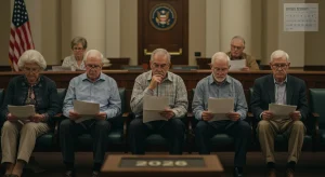 Future of Social Security in 2026: Legislative Debates & Beneficiaries Senior citizens discussing Social Security documents amidst legislative backdrop 2026