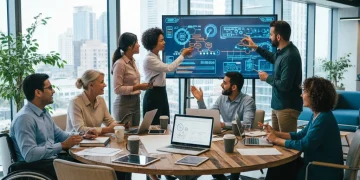 Professionals collaborating in a modern office, demonstrating essential soft skills for career success.