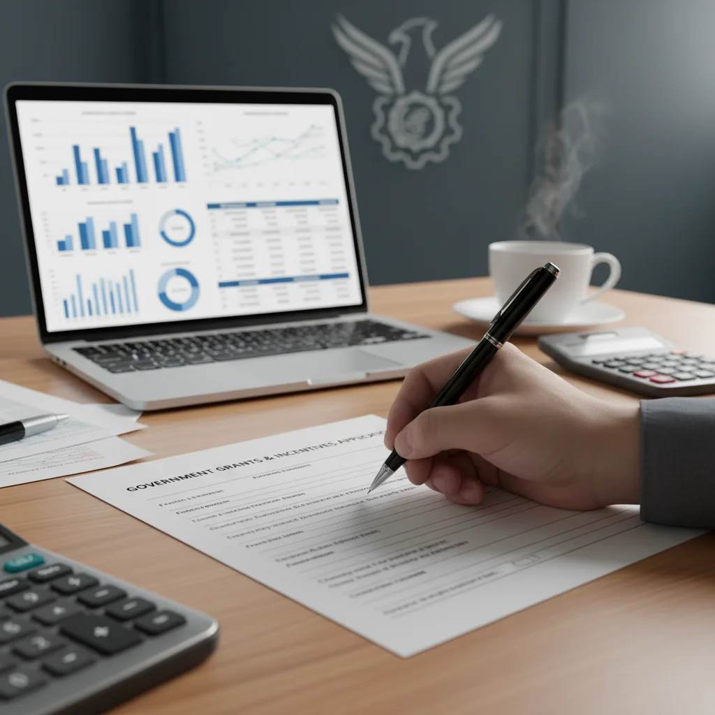 Persona rellenando formulario de solicitud de ayudas, con ordenador mostrando datos económicos.