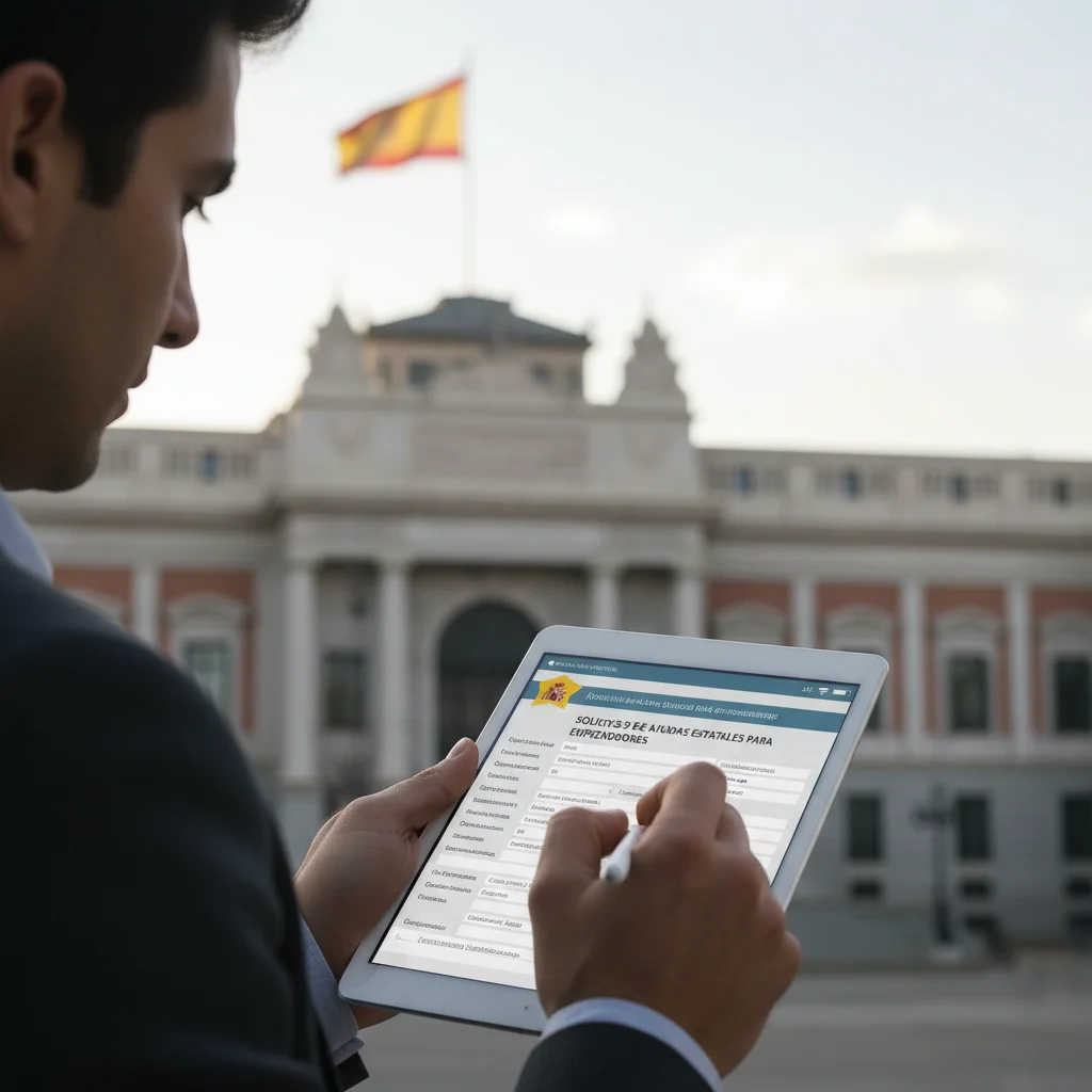 Persona rellenando una solicitud de ayuda estatal para emprendedores con un edificio gubernamental de fondo.