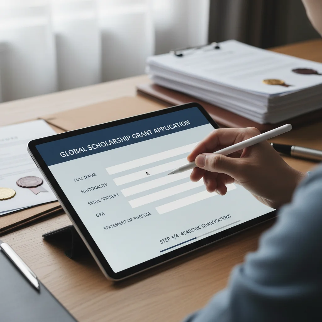 Persona rellenando un formulario de solicitud digital para una subvención de formación.
